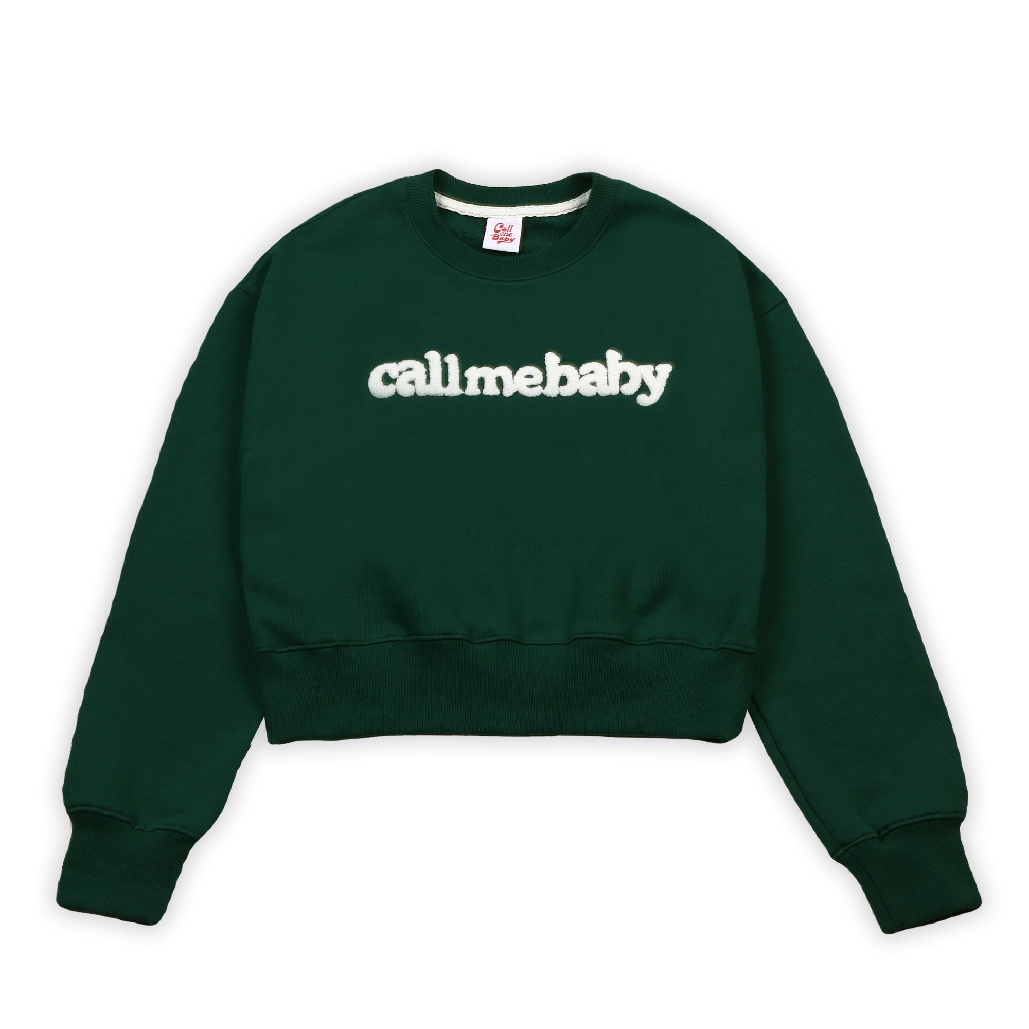 [Call Me Baby] Fuzzy Logo Cropped Sweatshirts (Forest Green)