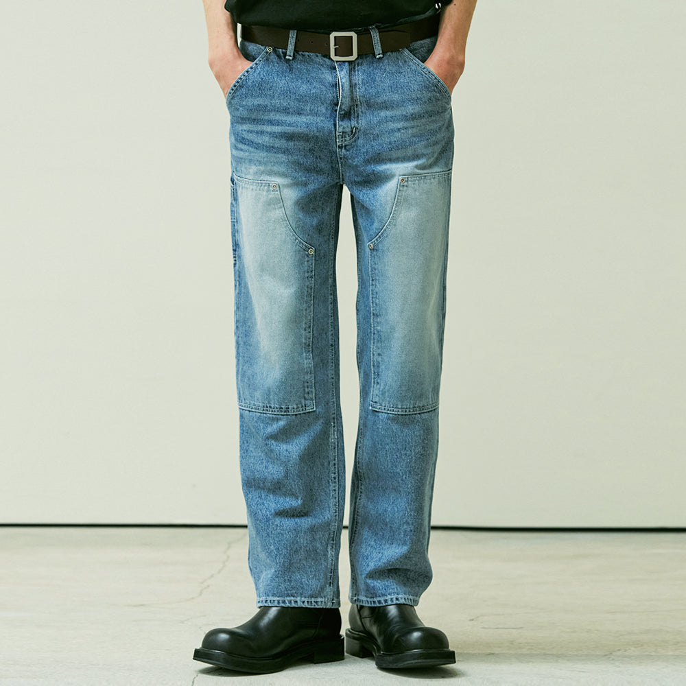 STRAIGHT DOUBLE KNEE WASHED DENIM PANTS BLUE