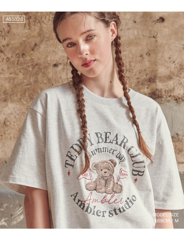 AMBLER 男女共用 TEDDY BEAR CLUR オーバーフィット 半袖 Tシャツ AS1028