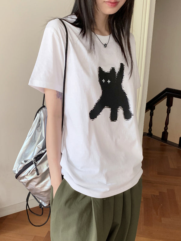 ガッシュキャットフラッシュプリントコットンボクシーショートスリーブTシャツ