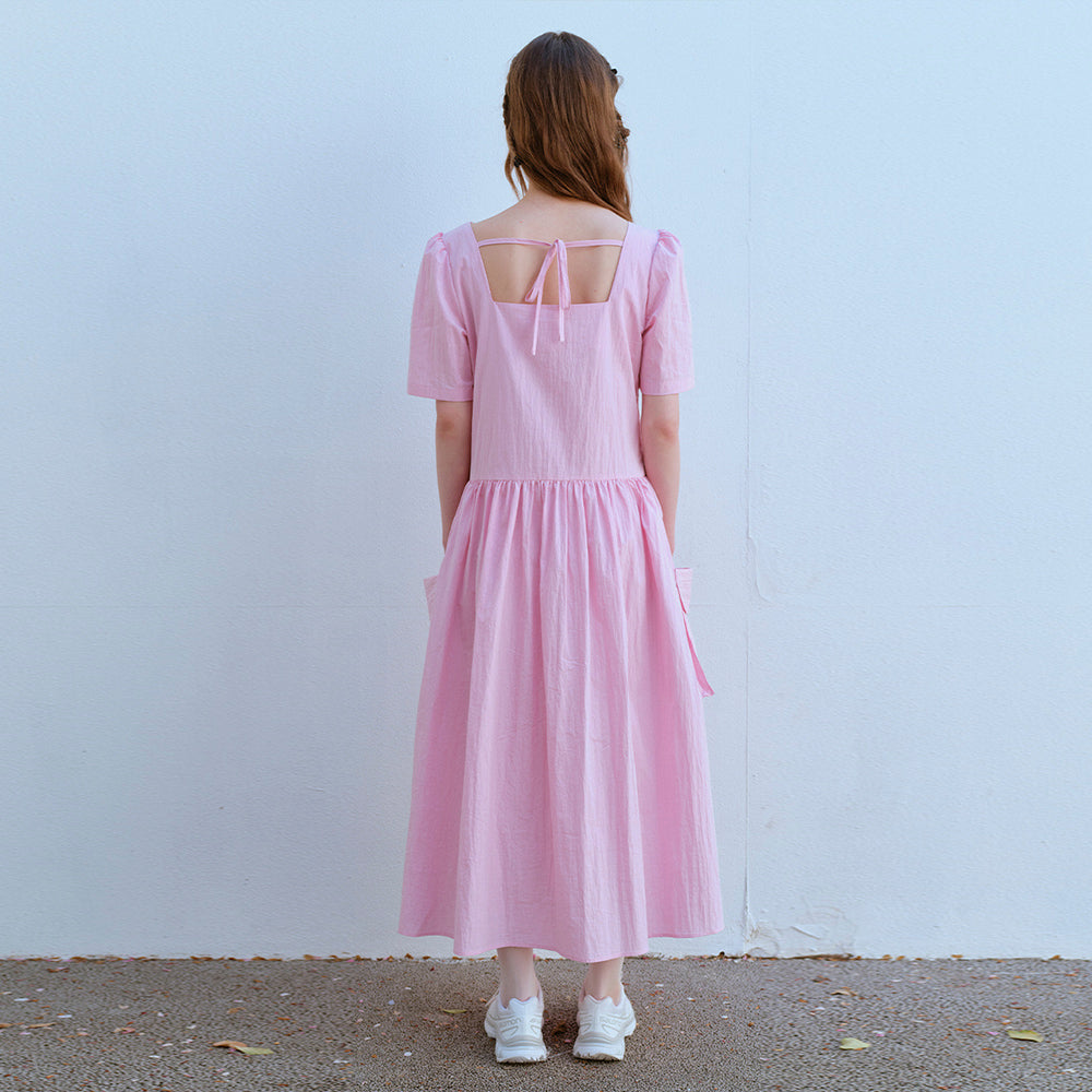  SQUARE NECK POCKET DRESS, PINK