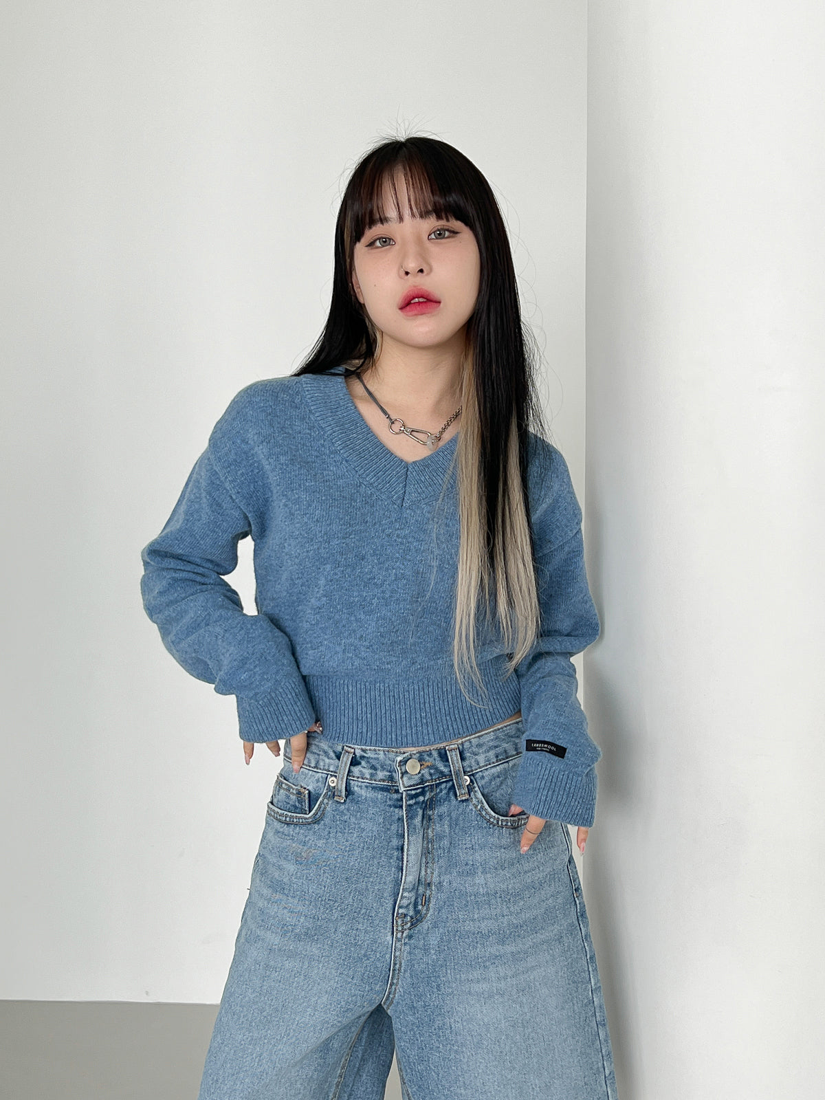 Wool V-neck Crop Knit (10color)