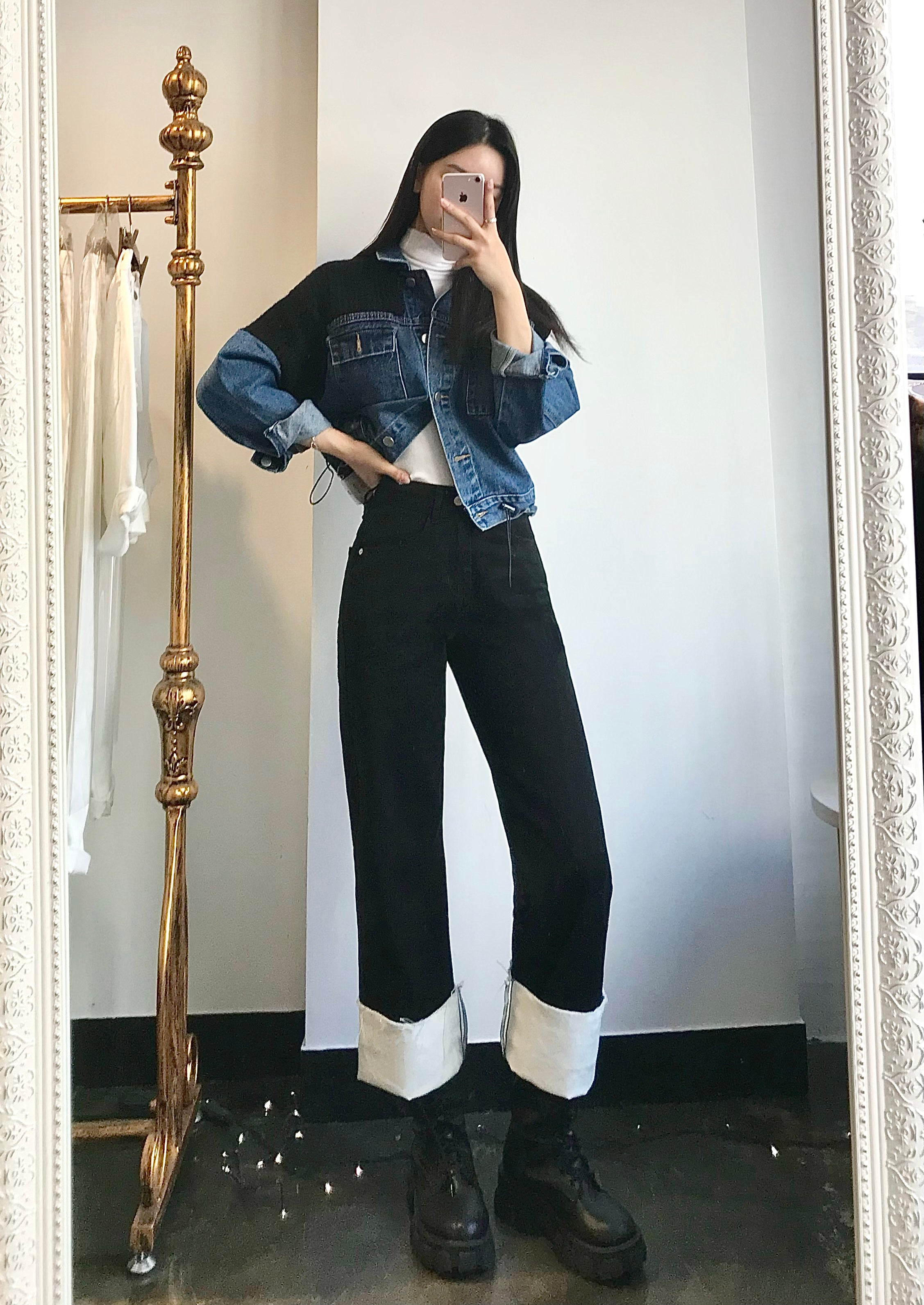 SEMI WIDE FIT BLACK+WHITE DENIM PANTS [17723]