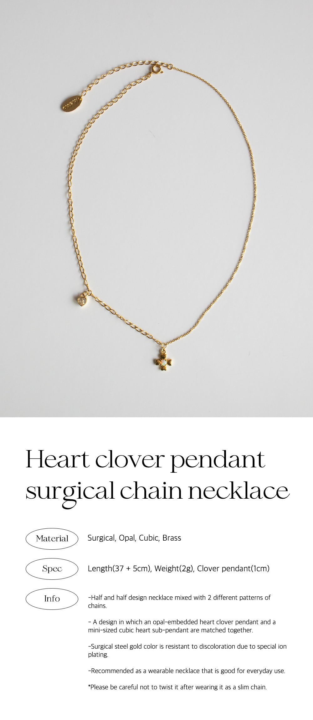 Heart clover pendant surgical chain necklace