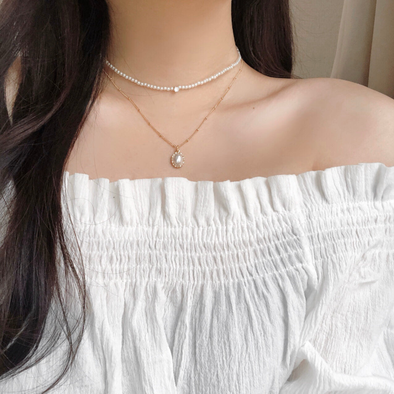 Rail pearl layered necklace