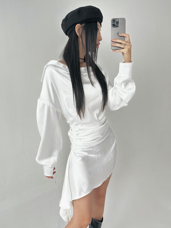 Silky shirring uncut shirt dress