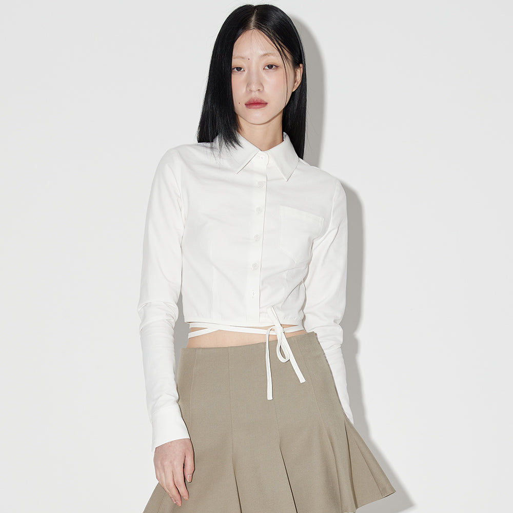 クロップレースアップリボンシャツ / Crop Lace-Up Ribbon Shirt [WHITE]