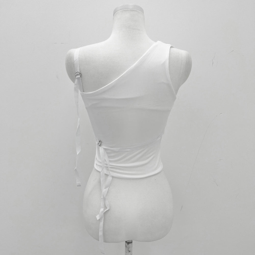 Unbalance mesh strap sleeve-less (White)