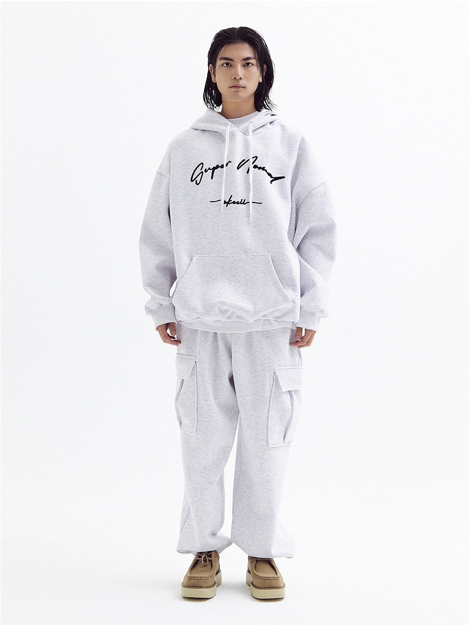 Balloon over cargo fleece jogger pants White Melange