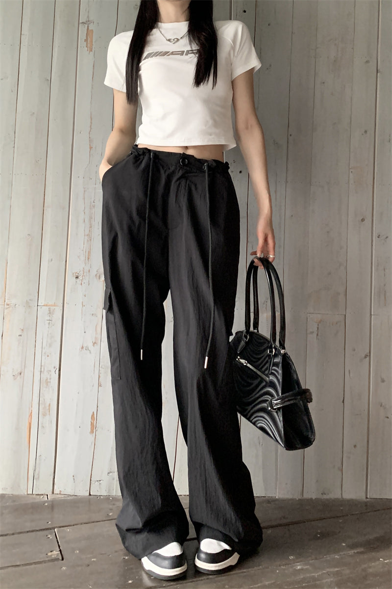 Black nylon long strap cargo pants