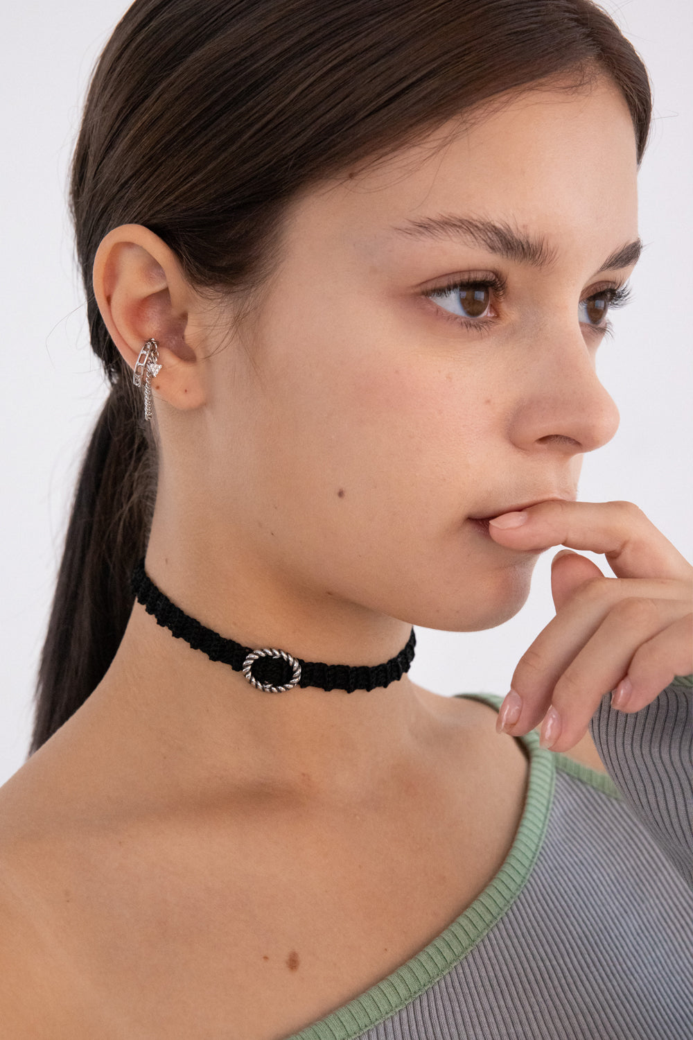 Vintage oval rope on black knit choker necklace