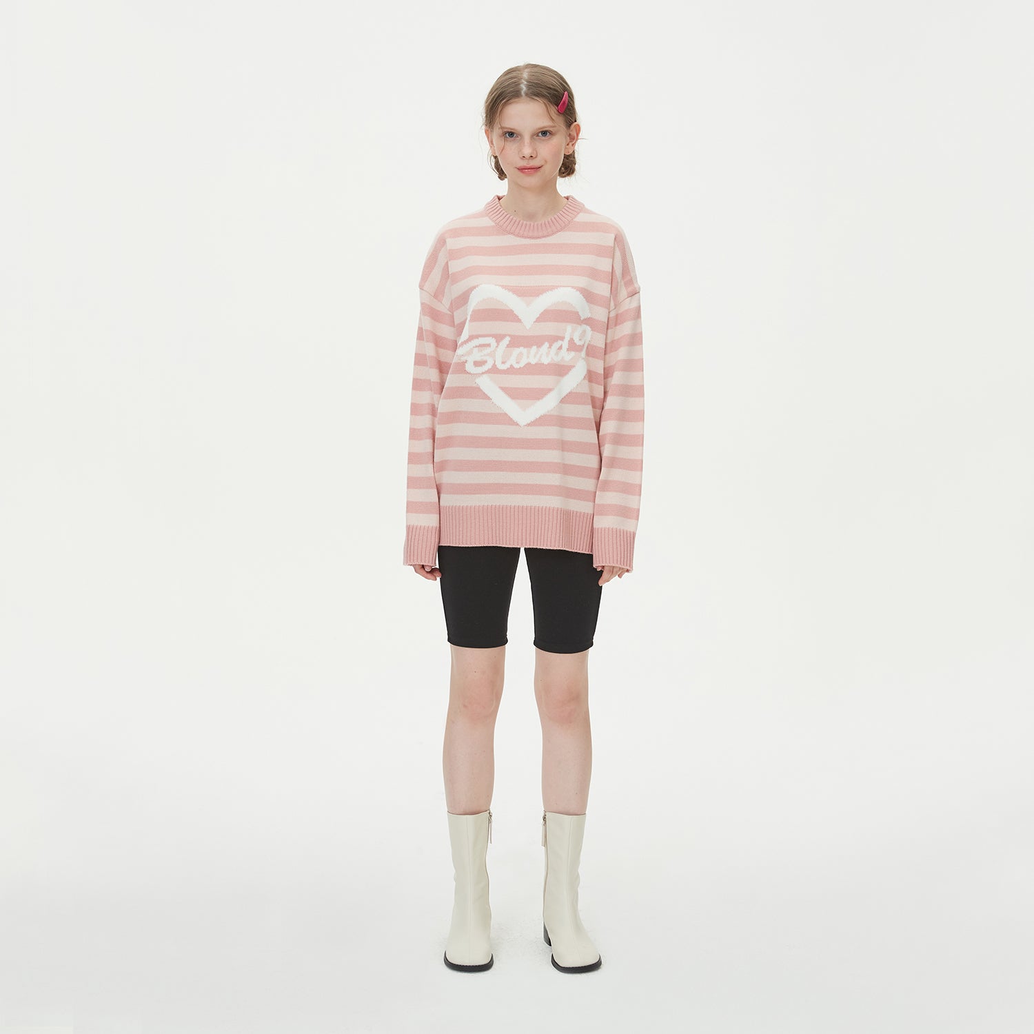 STRIPE HEART ROUND NECK KNIT_PINK