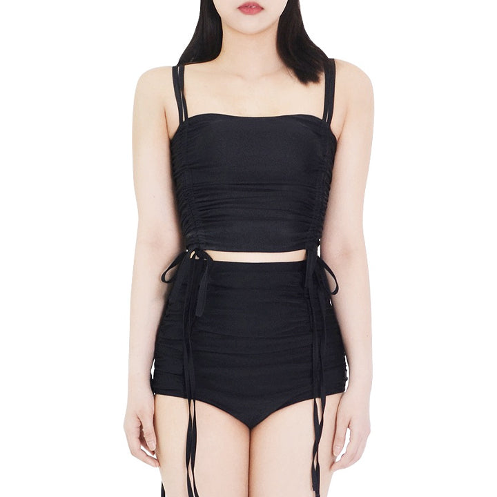 two shirring heart neck cropped sleeveless top (black)