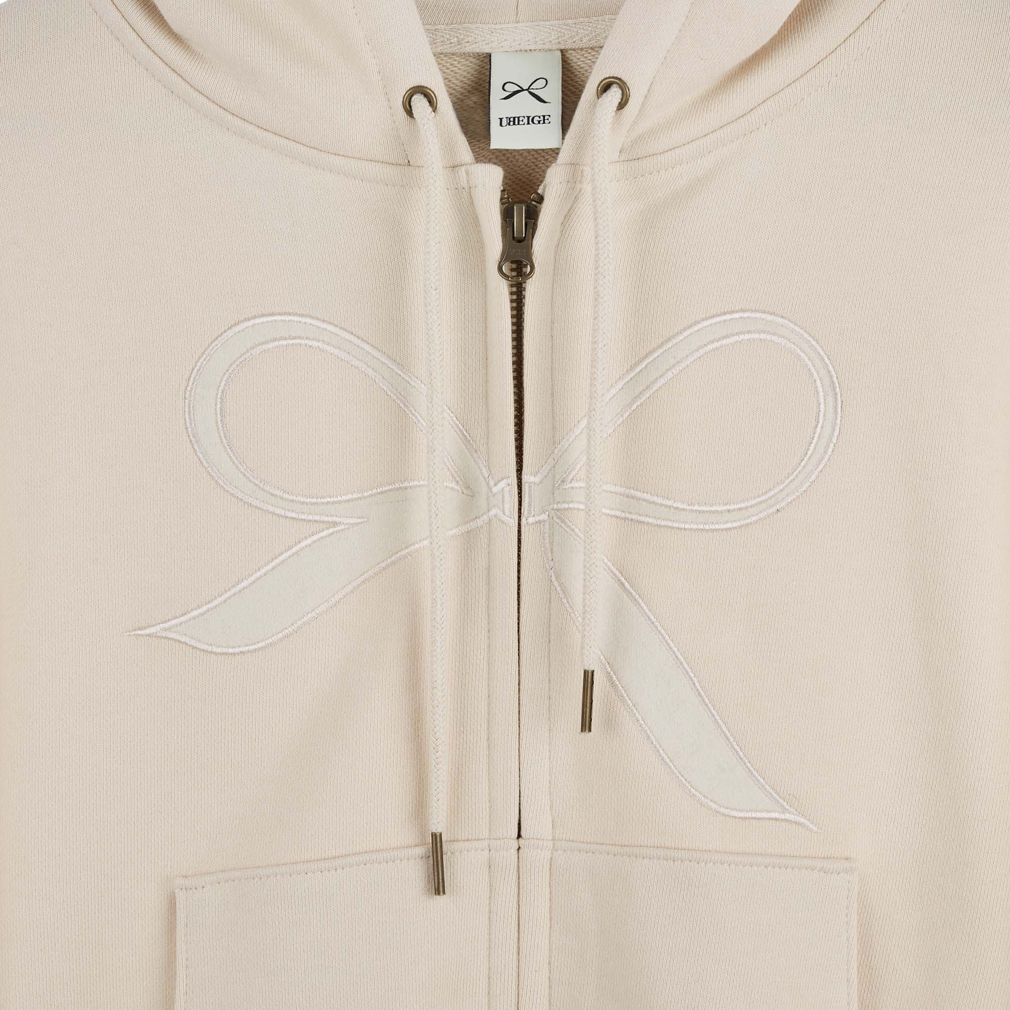 Cream Velvet Ribbon Hoodie Zip-up