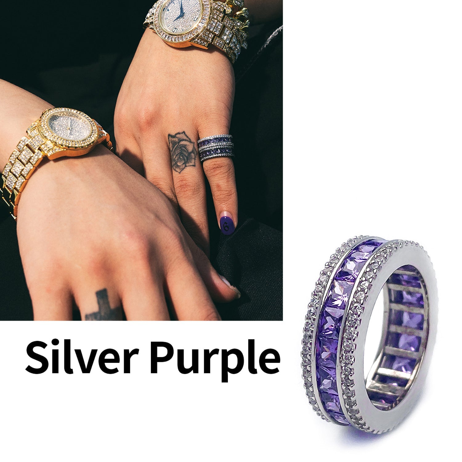 [BLACKLABEL] AAA DIA Crystal 3-line ring silver purple