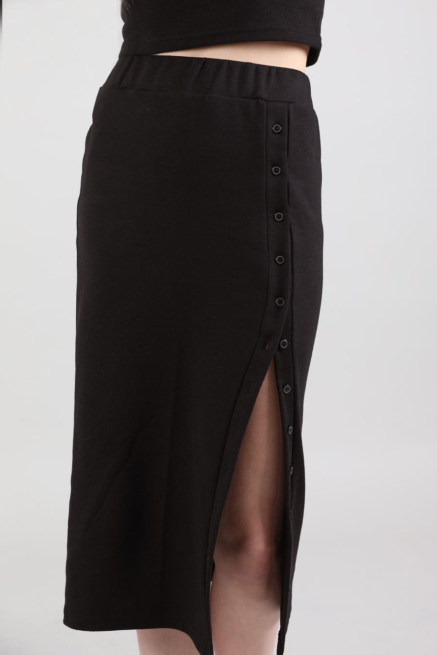 Button Banding Long Skirt Black