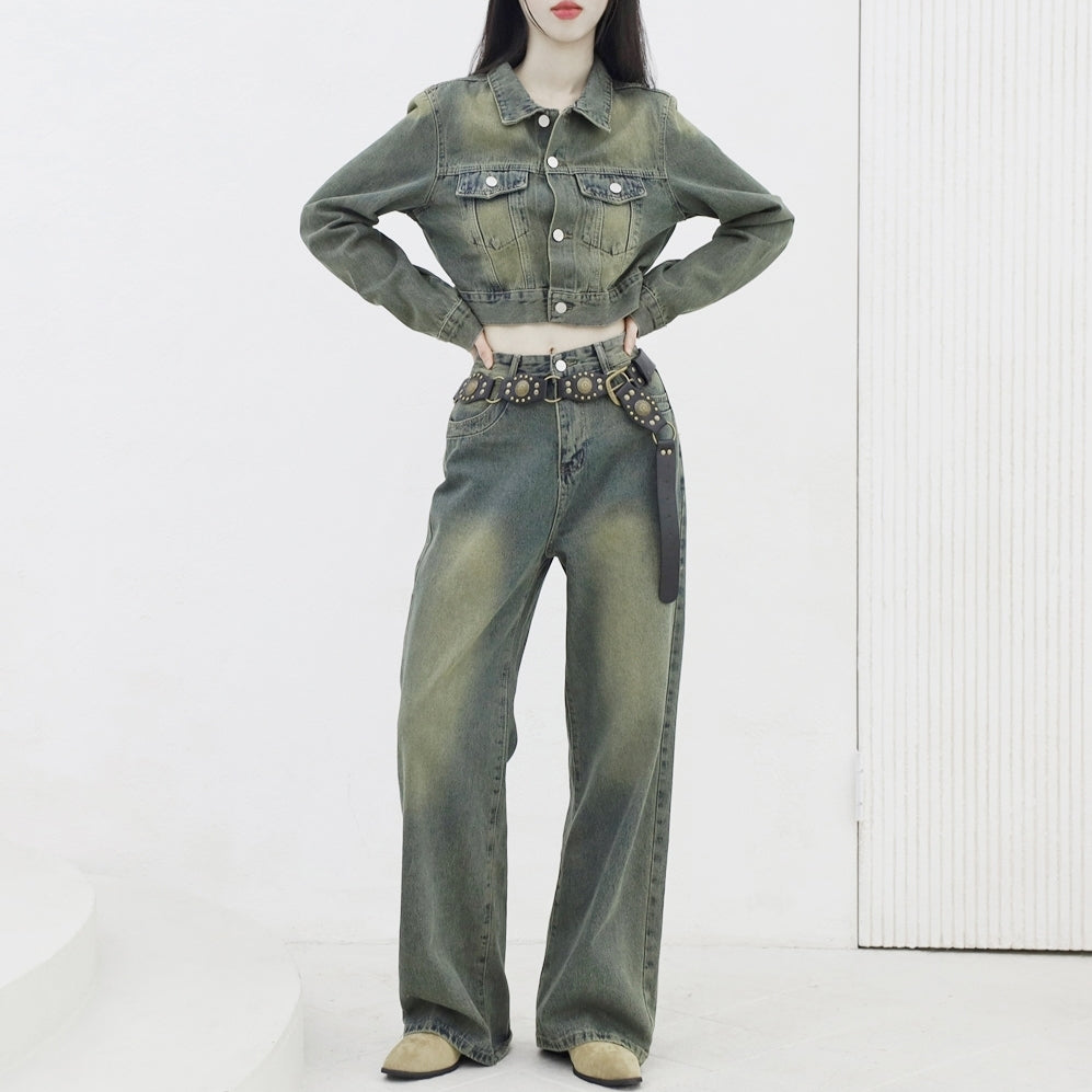 [NONCODE] Laure Denim Crop Jacket + Denim Pants Set