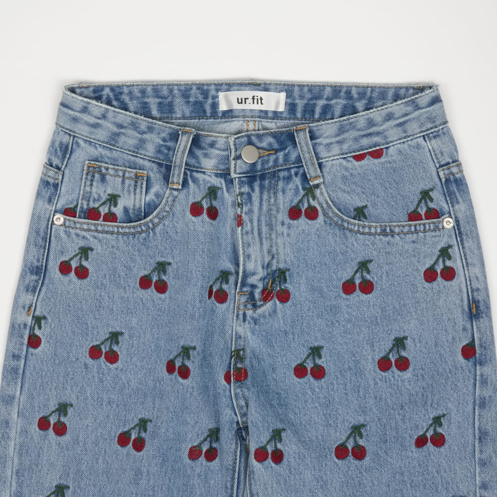 STRAIGHT FIT CHERRY EMBROIDERY DENIM PANTS [6851]