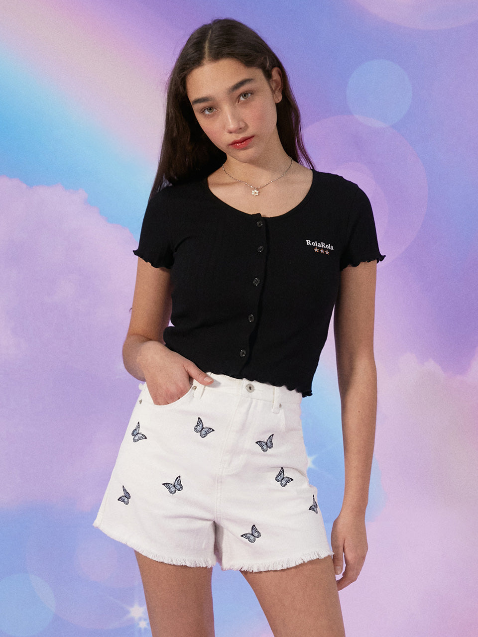 (PT-20341) BUTTERFLY DENIM SHORTS WHITE