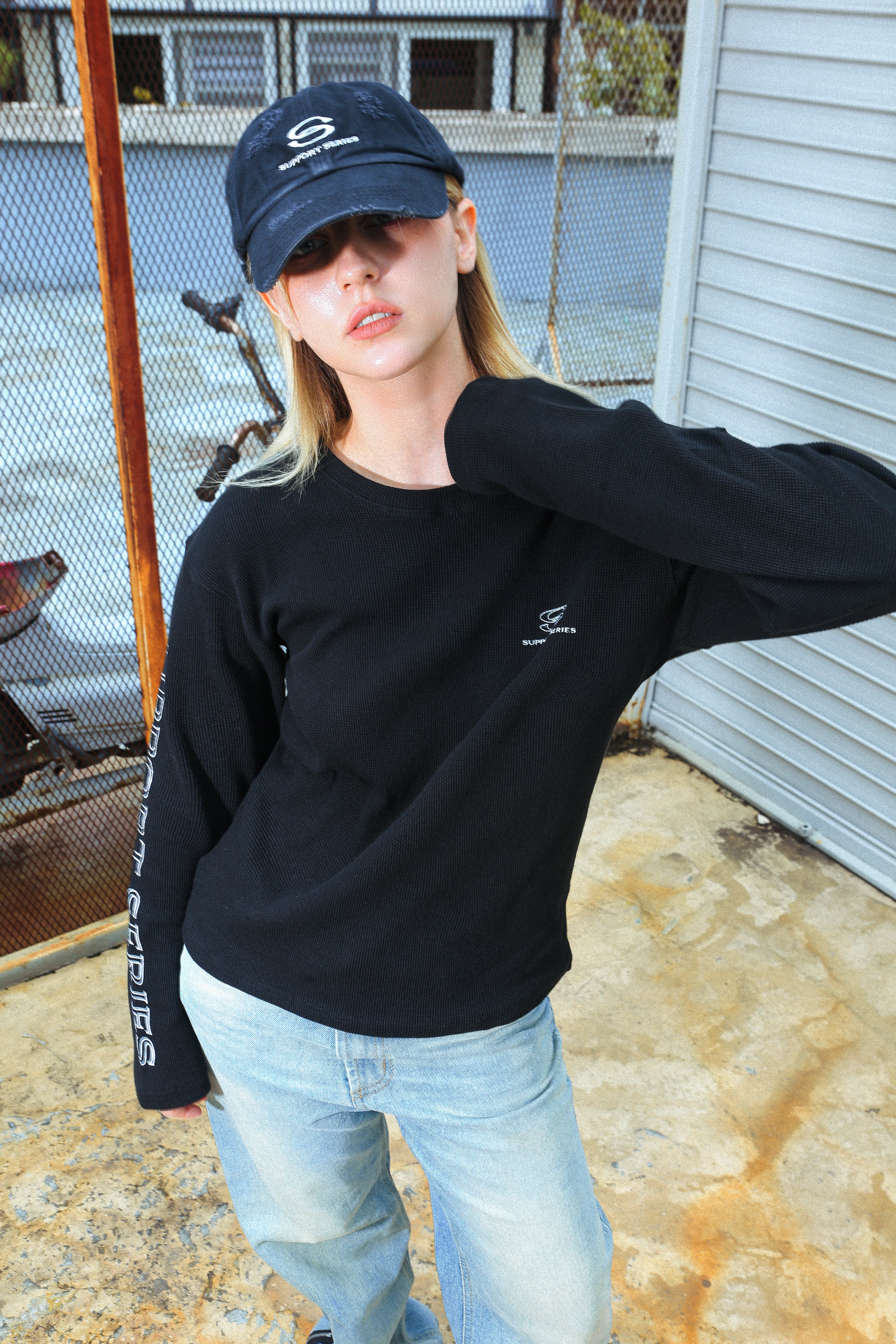 SUPPORT SERIES WAFFLE SWEAT SHIRT BLACK