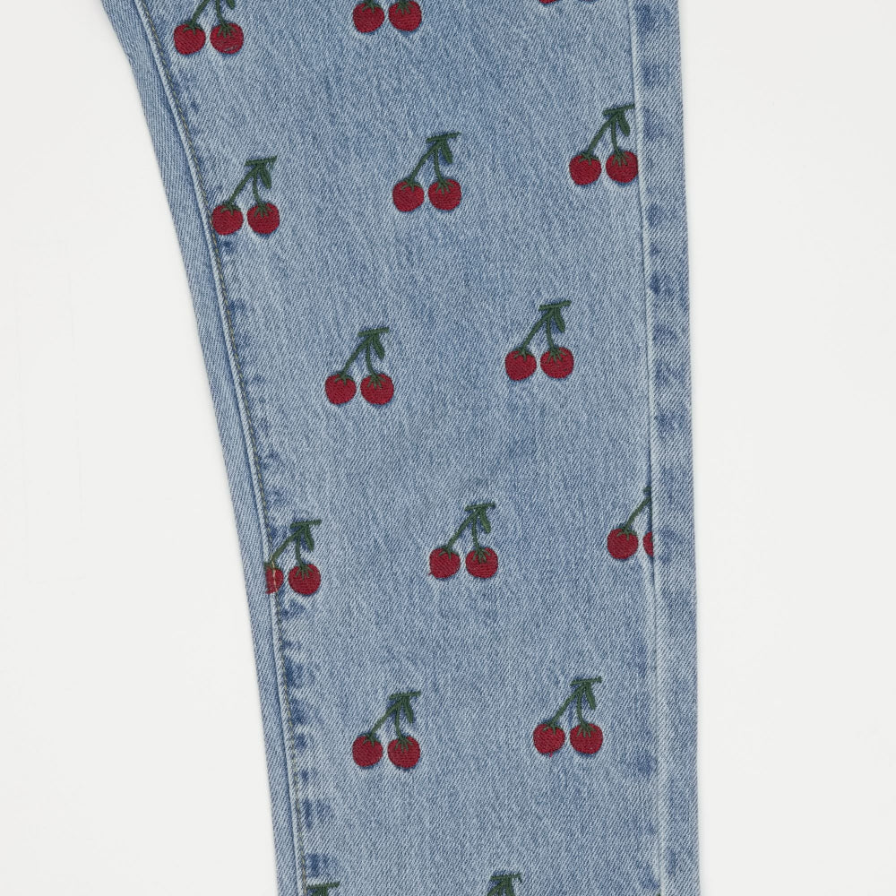 STRAIGHT FIT CHERRY EMBROIDERY DENIM PANTS [6851]