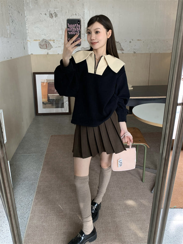 Color combination wide collar sweatshirt