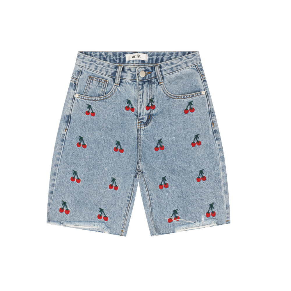 STRAIGHT FIT CHERRY EMBROIDERY CROPPED DENIM PANTS [6811]