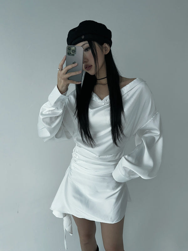 Silky shirring uncut shirt dress