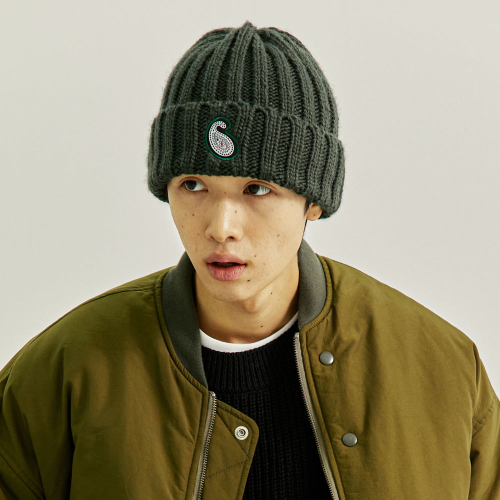 YP PAISLEY PATCH KNIT BEANIE DEEP GREEN