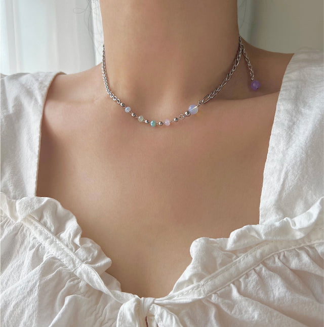 fer Pastel Opal Light Purple Beads Ball Two-Way Drop Necklace