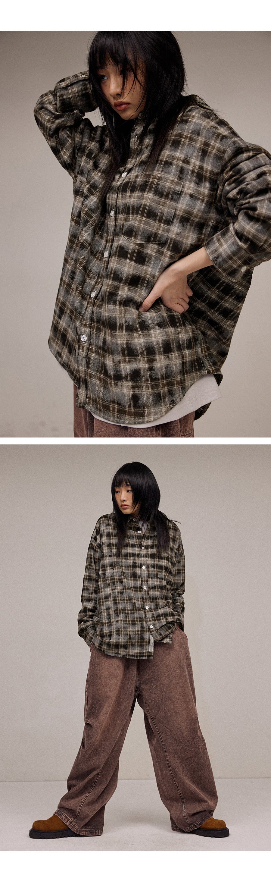 Overfit Damage Washed Check Shirt-Brown