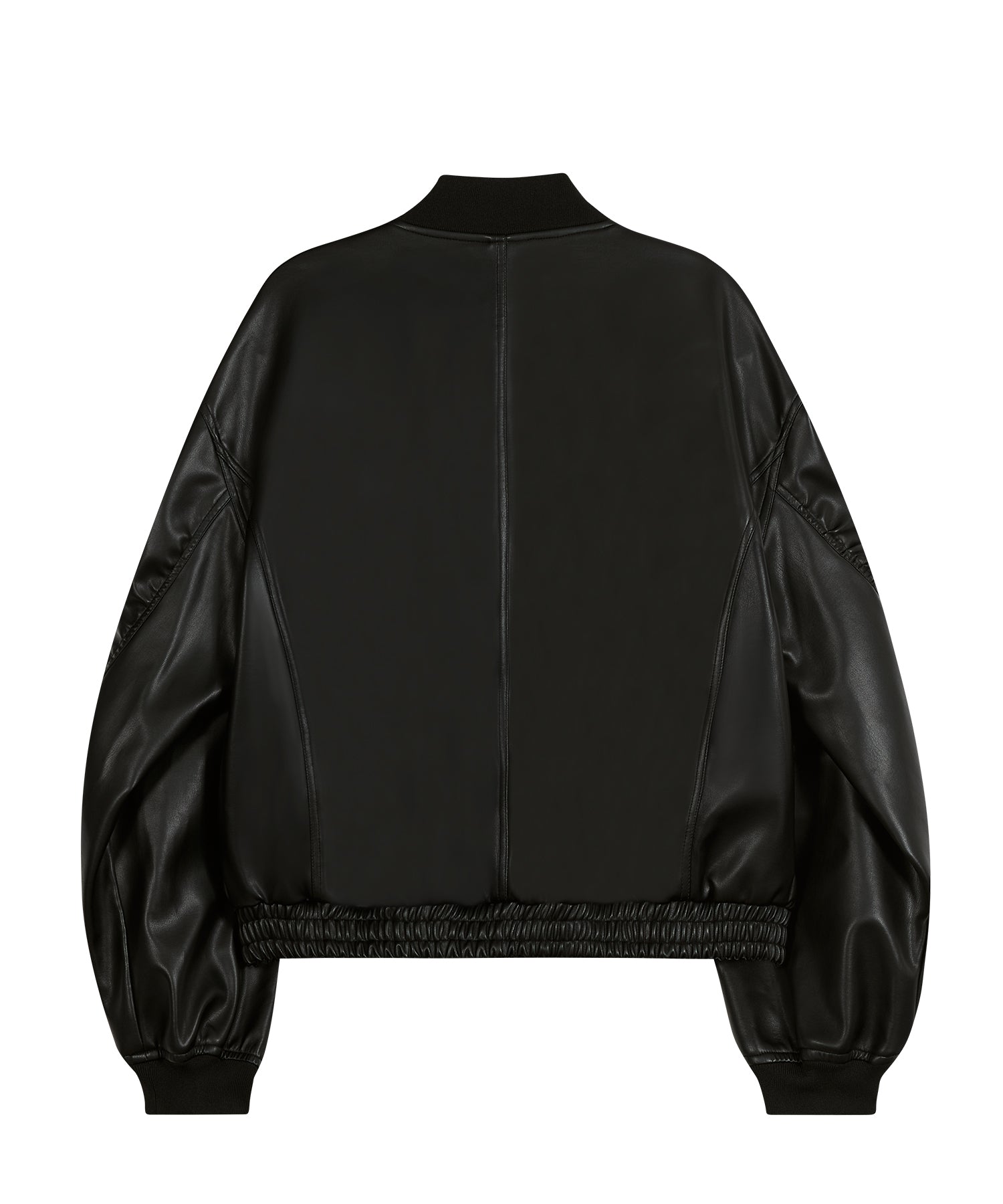 87-STAN026 [Vegan Leather] Curved Layer Bomber Leather Jacket Black