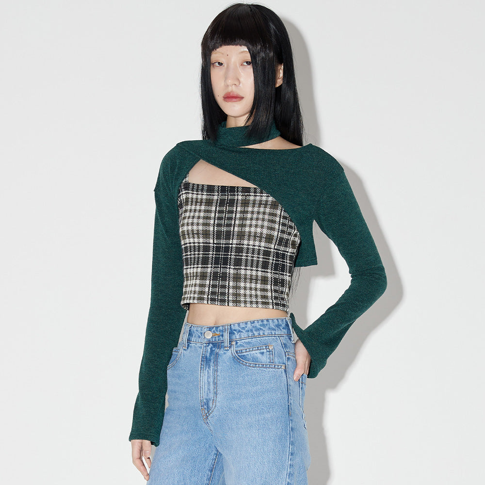 レイヤードチェックニットセット / Layered Check Knit Set [GREEN]