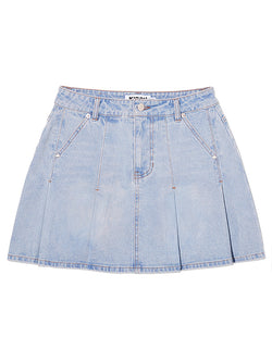 CHERRY DENIM PLEATS MINI SKIRT [LIGHT BLUE]