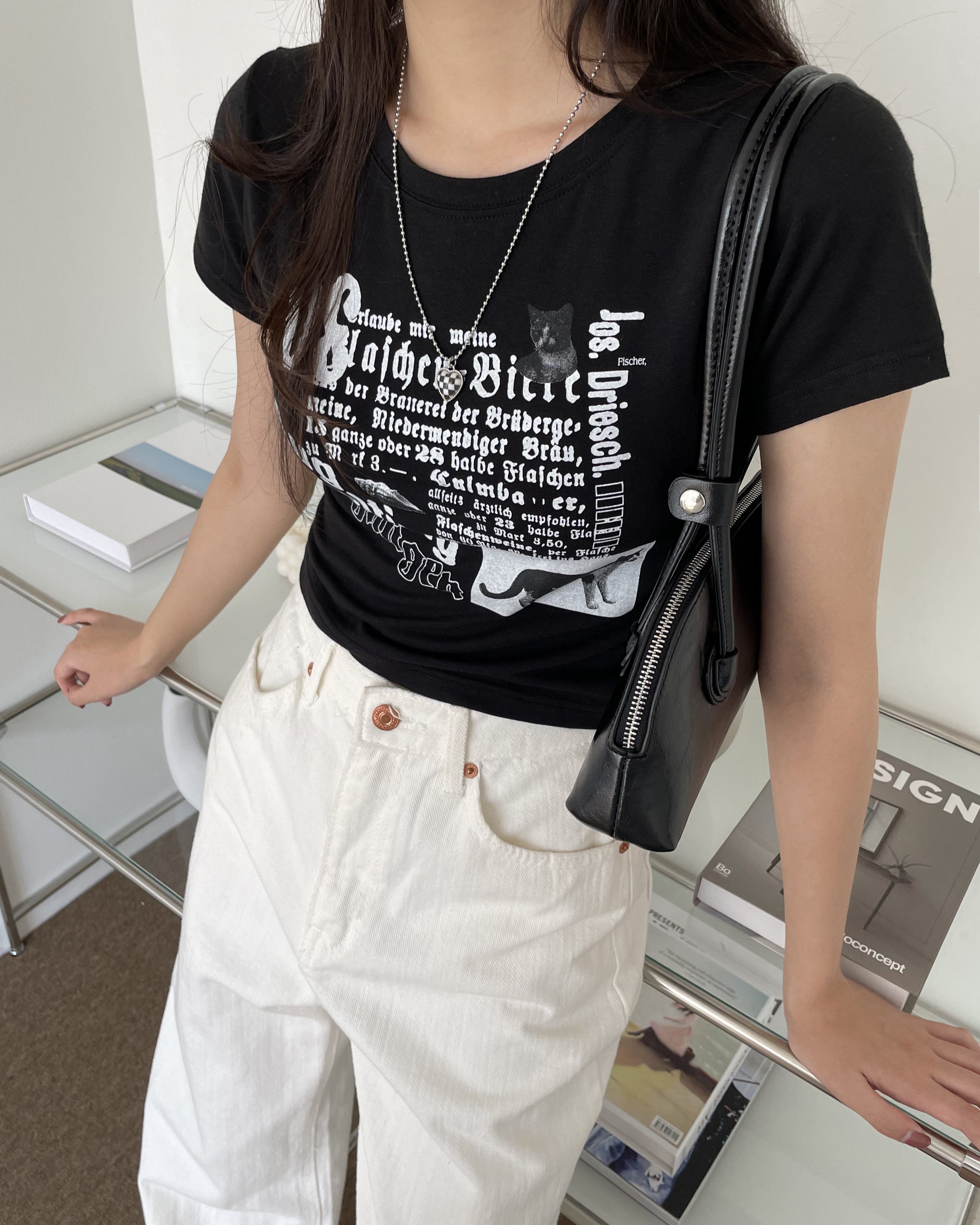 [MADE] Neko Vintage Cat Print Crop Short Sleeve T-shirt