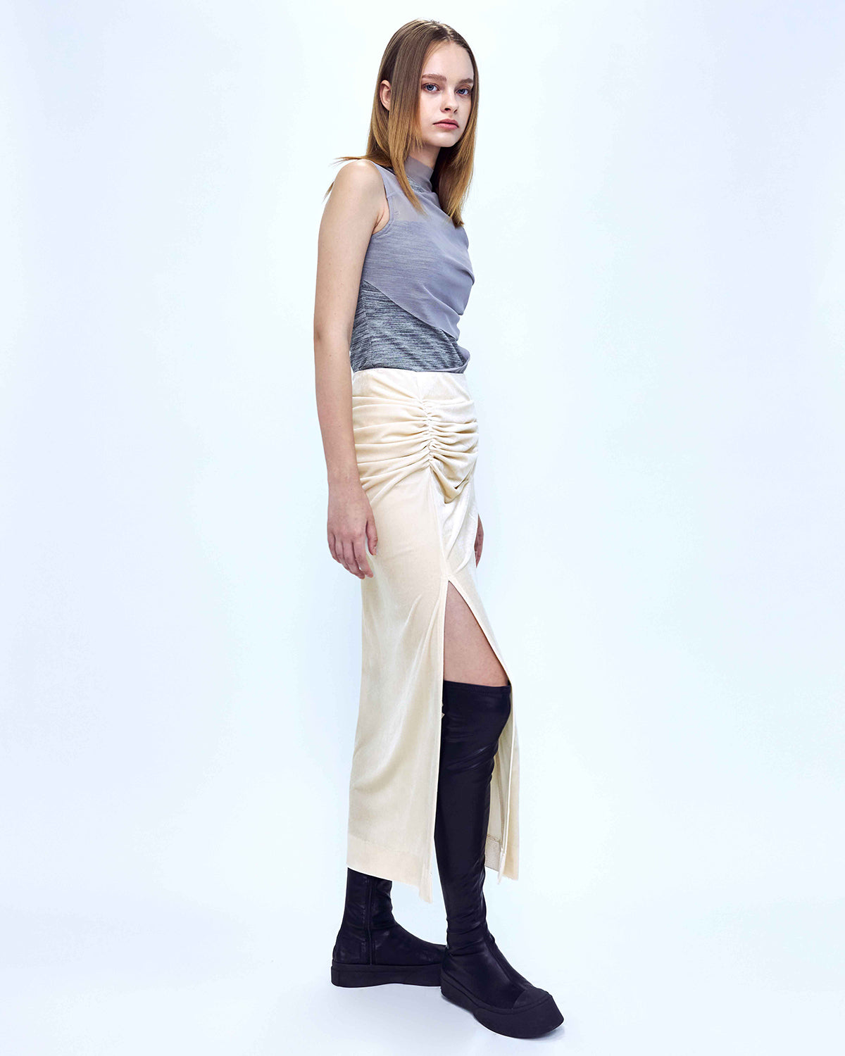 Velvet Draped Slit Long Skirt _ Cream