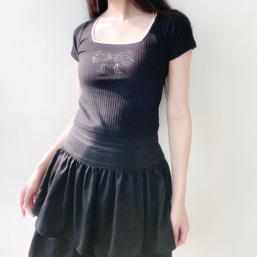 Shine Ribbon Cubic Lace T-Shirt (Black)