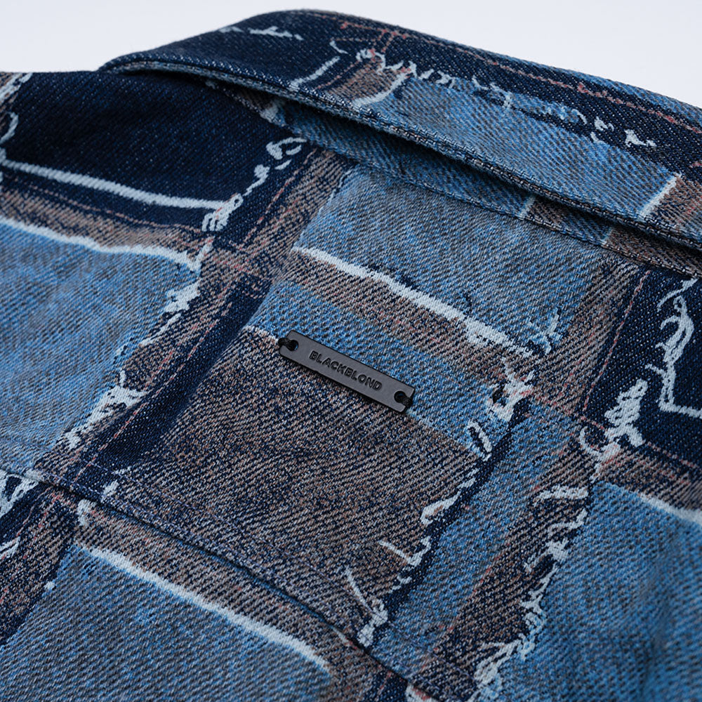 BBD Classic Logo Patchwork Pattern Layered Denim Shirt (Blue)