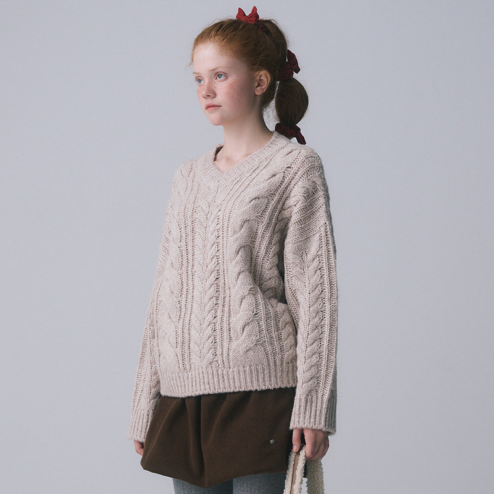 V-NECK CABLE KNIT PULLOVER, BEIGE