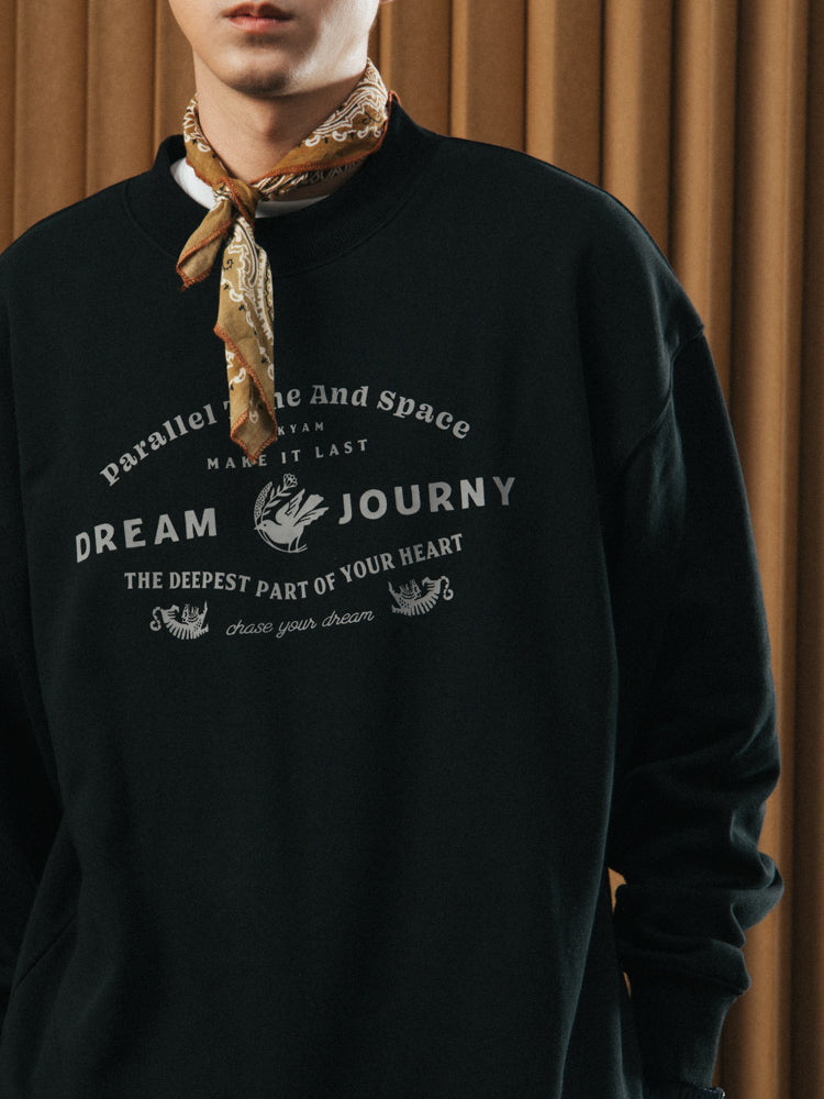 DAKYAM Dream Journey text element wide collar off-shoulder wool coil long-sleeved crew neck sweatshirt