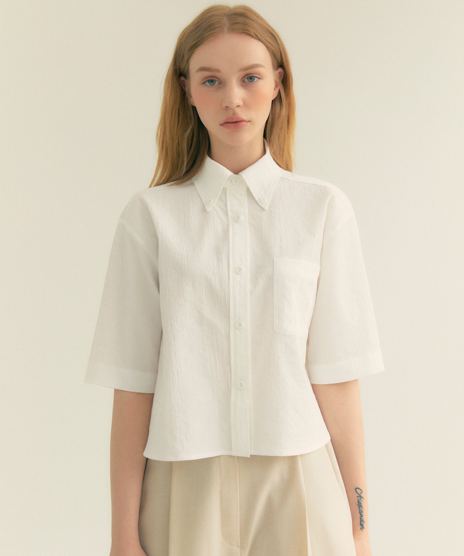 Stripe Wrinkle Pocket Crop Shirt (White)