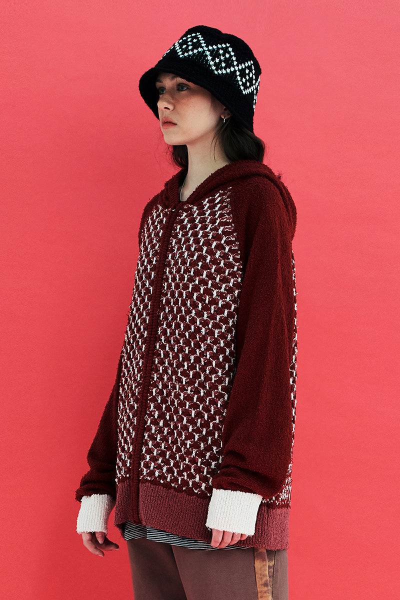 EMBOSSING CLOVER KNIT ZIP-UP HOODIE / RED