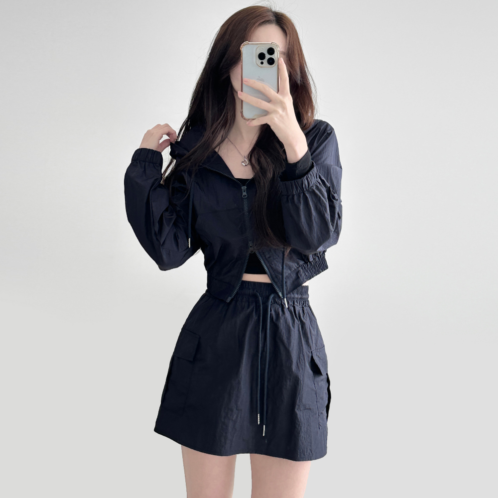 [SET] Hood windbreaker cargo mini skirt two piece