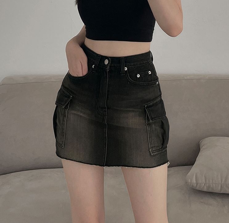 Black and blue cargo denim mini skirt