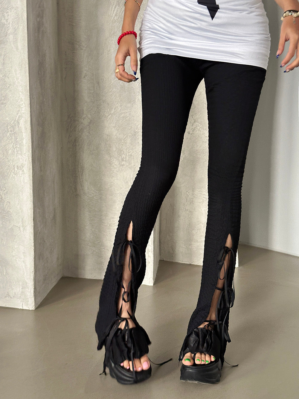 Ribbon open bootcut leggings pants