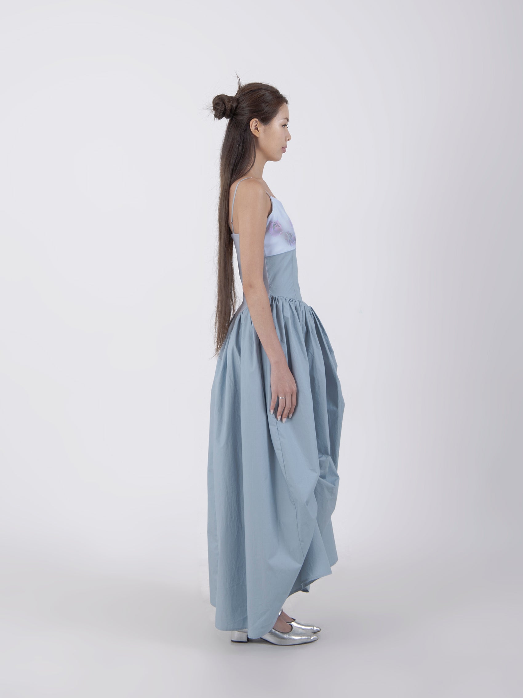 UNBALANCED SHIRRING LONG DRESS #BLUE