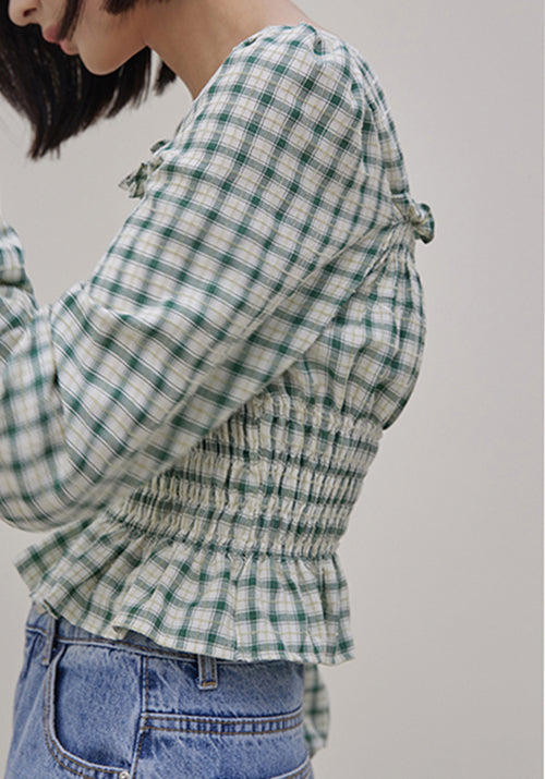 (BL-4035) Checkered Smoking Square Blouse