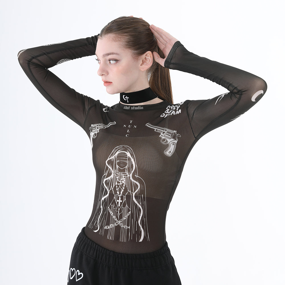 0 6 nun with guns tattoo top - BLACK