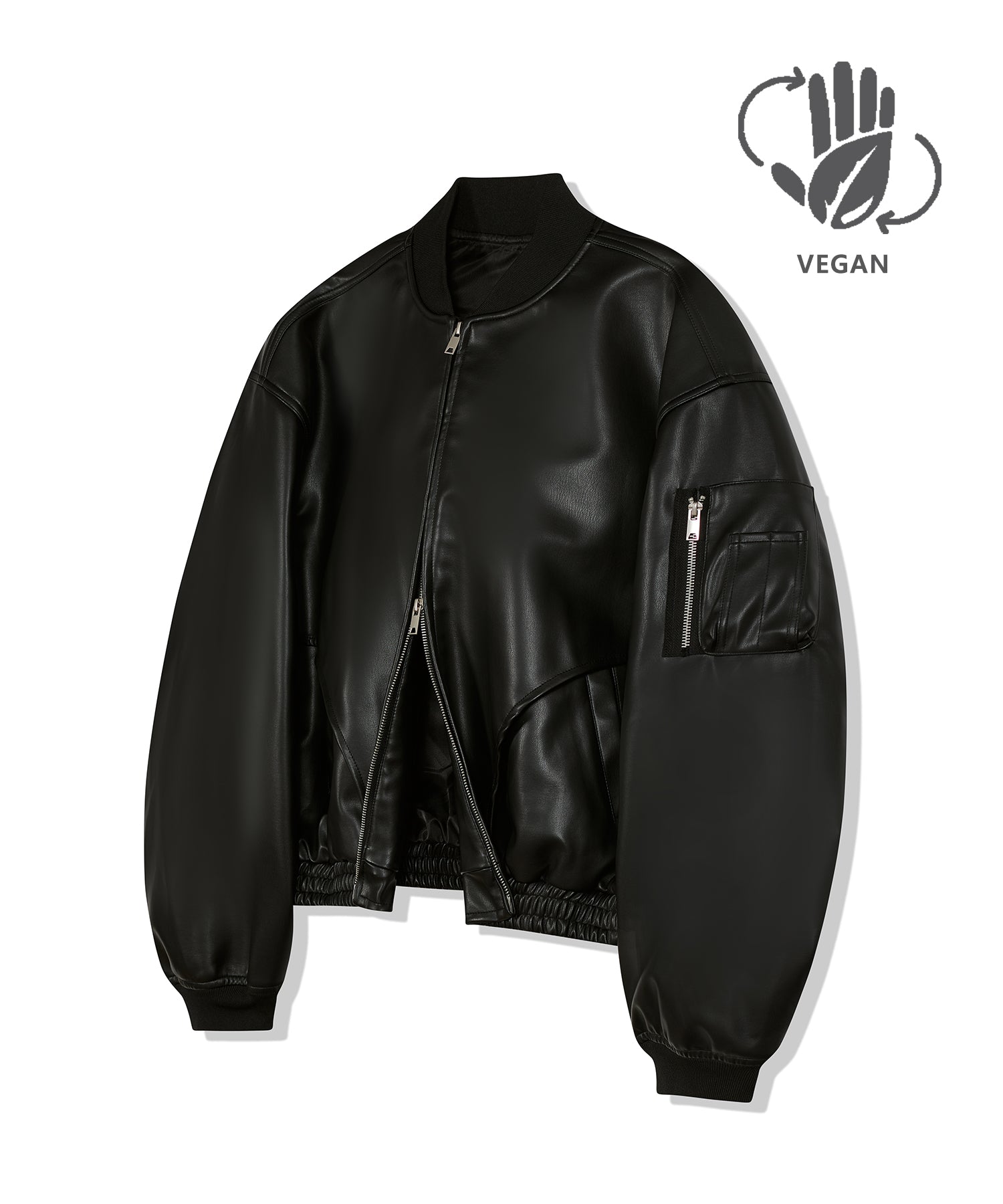 87-STAN026 [Vegan Leather] Curved Layer Bomber Leather Jacket Black