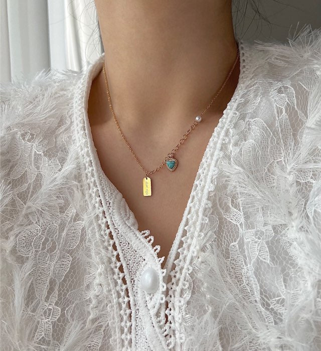 hte Pearl Color Heart Turquoise Guest Look Accent Necklace